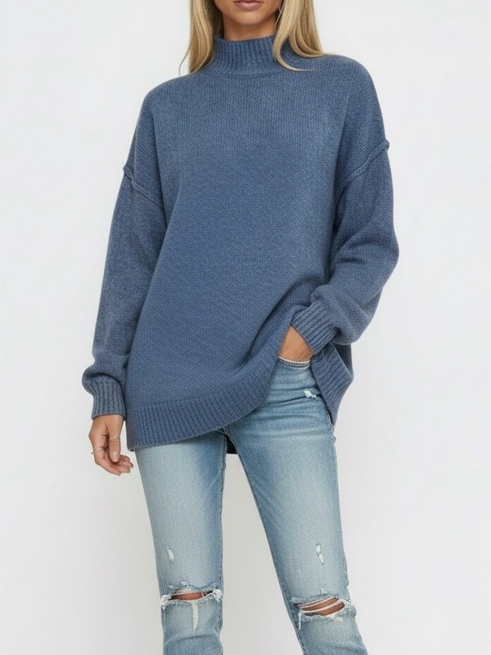 Women's Gray blue Ribbed Knit Sweater